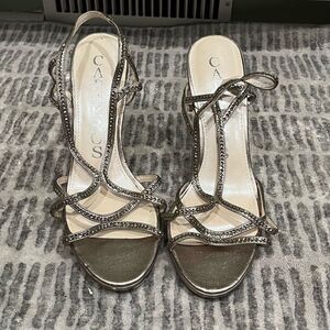 Caparros Stiletto Rhinestone Strappy High Heels Leather Silver Tone Size 9.5 B